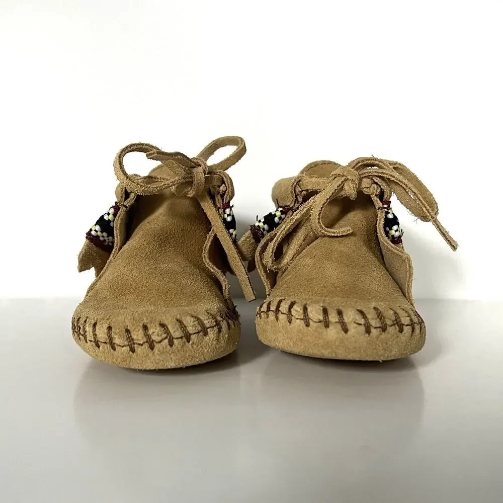 Minnetonka Moccasins Tan Suede Leather Lace Boots Braid Bootie 1101 Infant 3